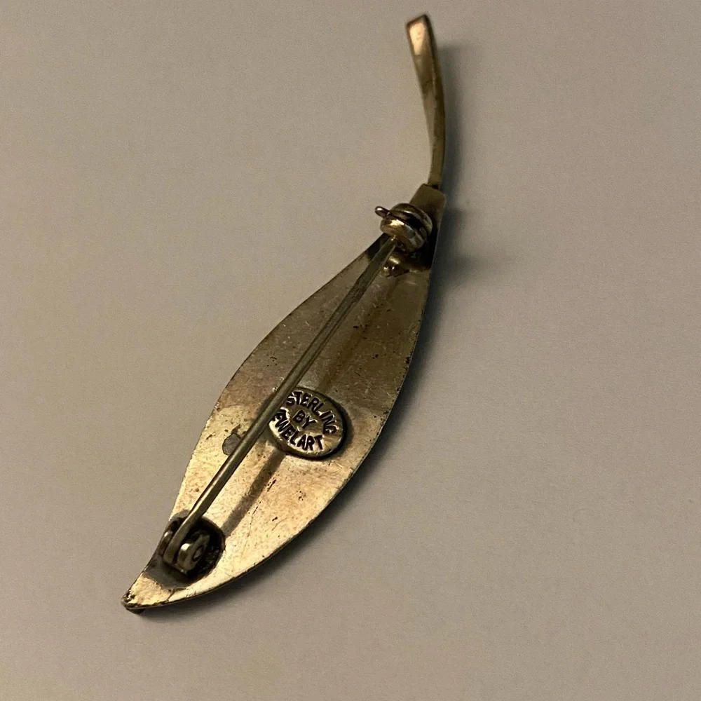 Vintage 925 Sterling Silver and Black Feather Leaf Brooch Pin Pendant - Picture 2 of 8